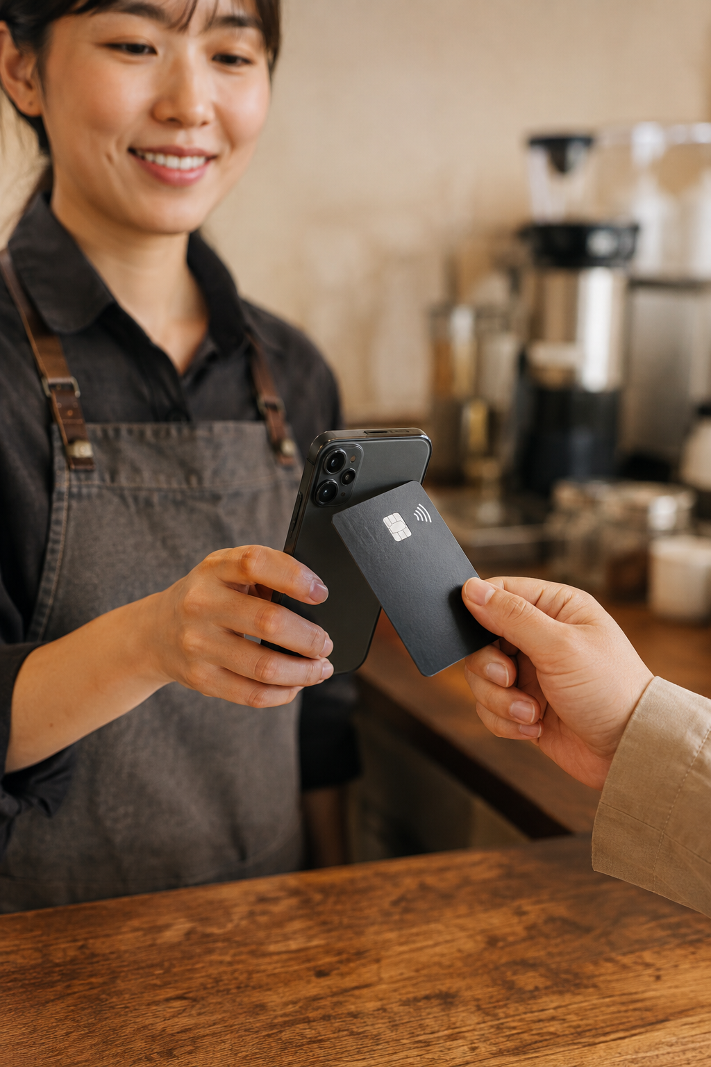 A contactless card tapping a smartphone for payment